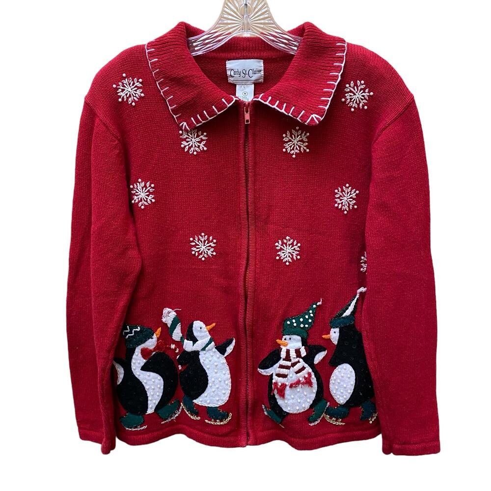 Ice Skating Penguins M Sweater Zip Front Ugly Christmas Sweater CARLY ST. CLAIRE